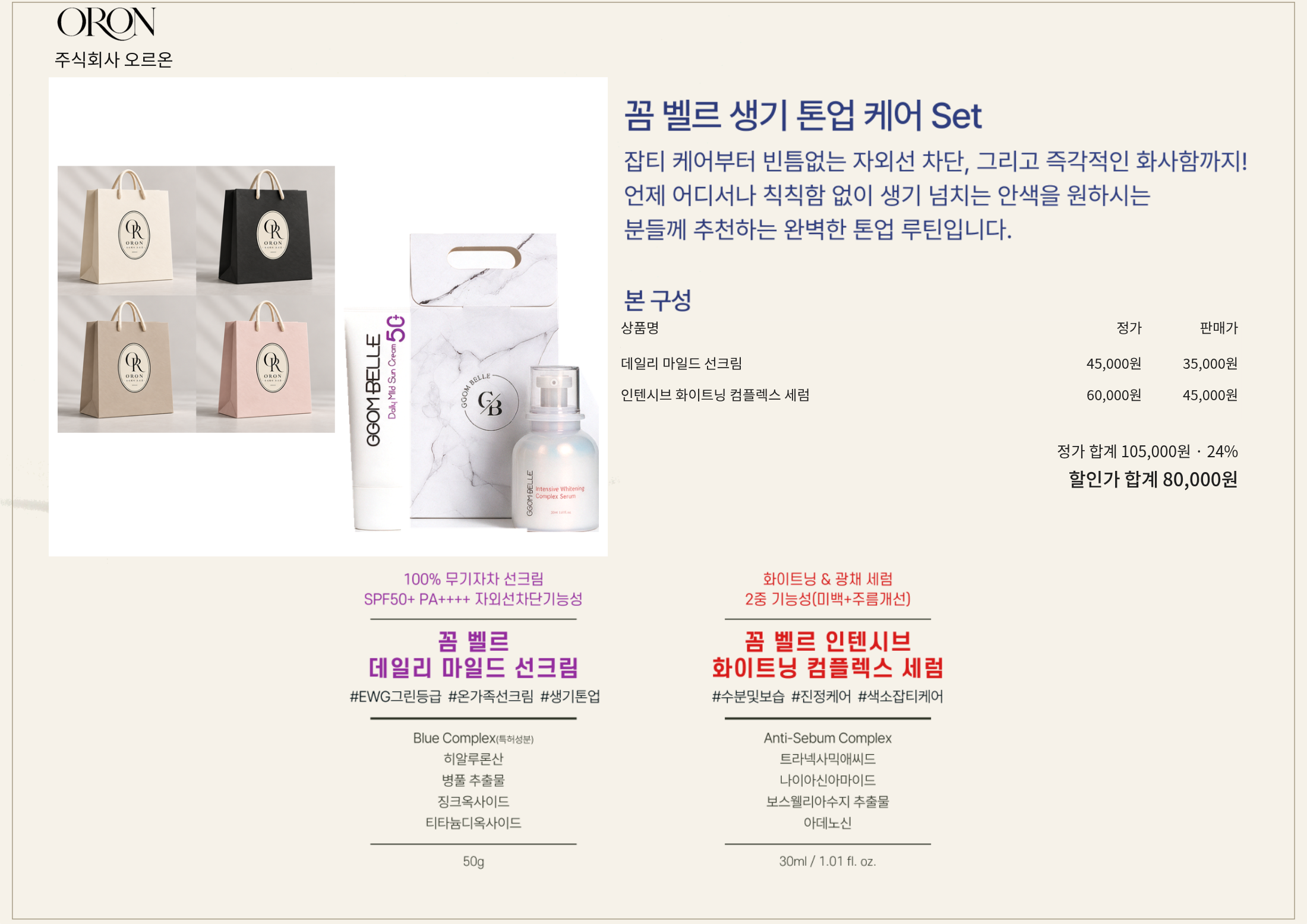 꼼 벨르 생기 톤업 케어 Set 구성품 정가, 세트 정가와 판매가 및 실제 할인율