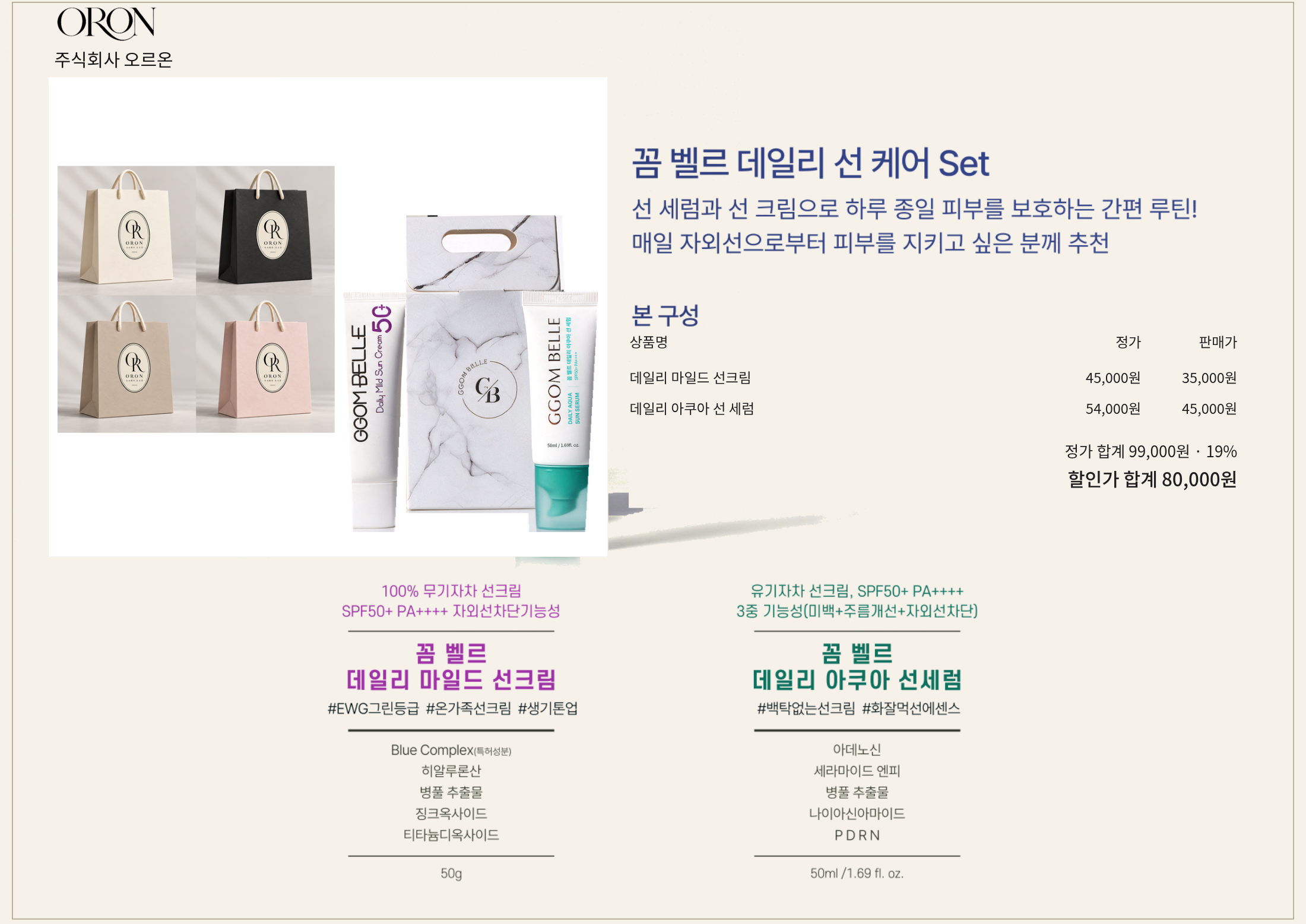 꼼 벨르 데일리 선 케어 Set 구성품 정가, 세트 정가와 판매가 및 실제 할인율