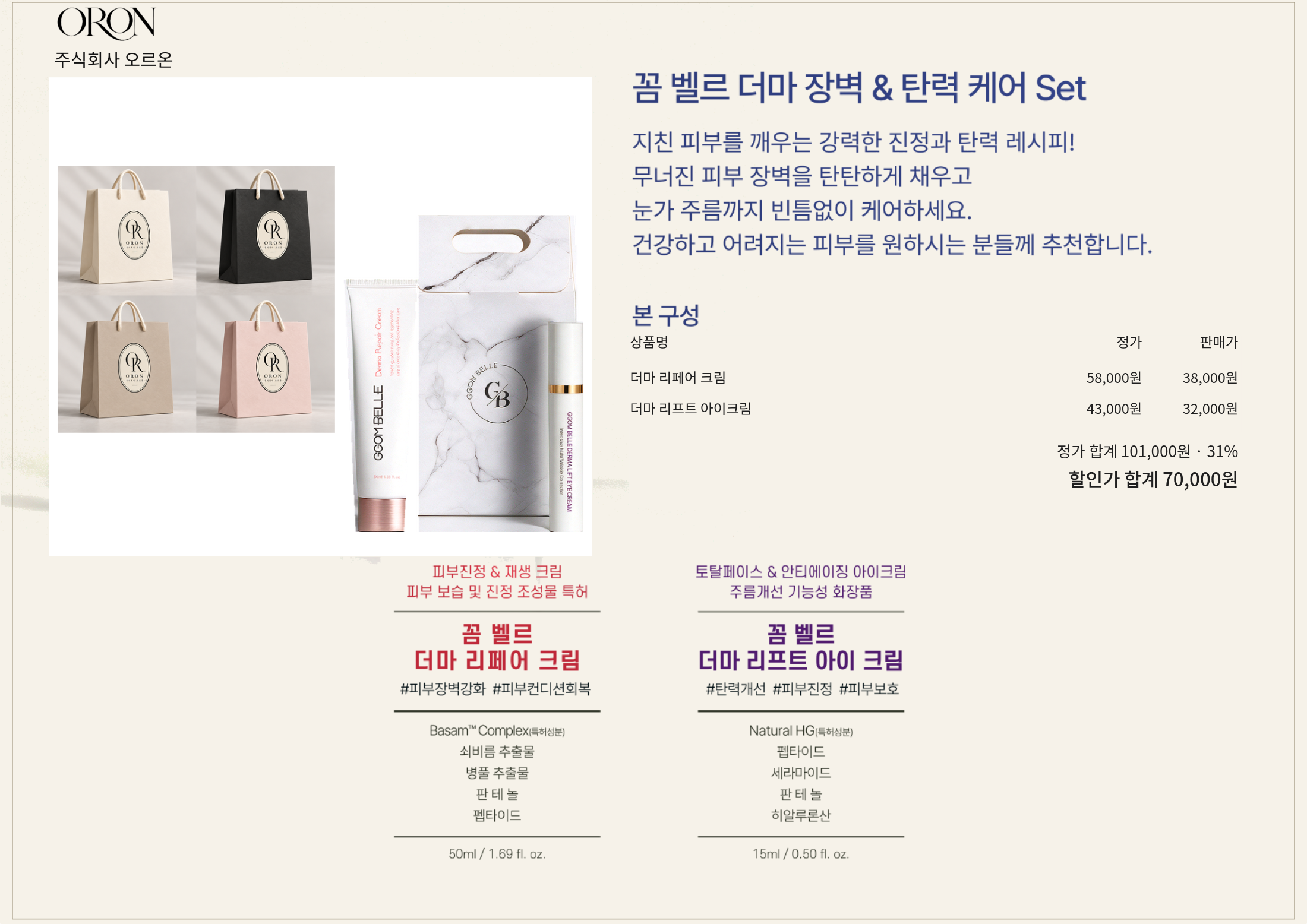꼼 벨르 더마 장벽 & 탄력 케어 Set 구성품 정가, 세트 정가와 판매가 및 실제 할인율